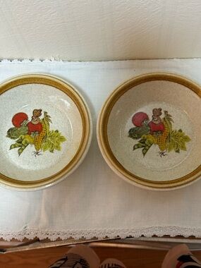Mikasa Cream Bowls with Mustard Rim and Multicolor Fruit Motif (Pair)